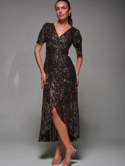 Sequin Angel Sleeve Ruffle Hem Maxi Dress, Black Gold