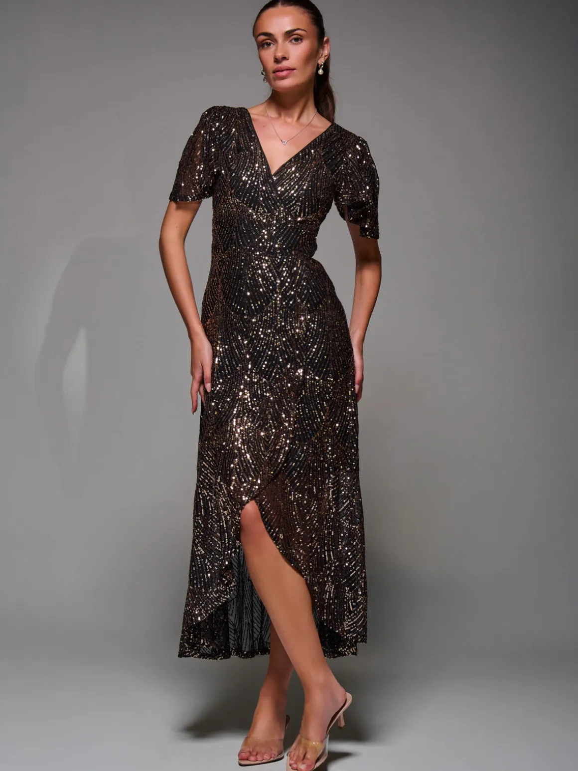 Sequin Angel Sleeve Ruffle Hem Maxi Dress, Black Gold