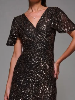 Sequin Angel Sleeve Ruffle Hem Maxi Dress, Black Gold