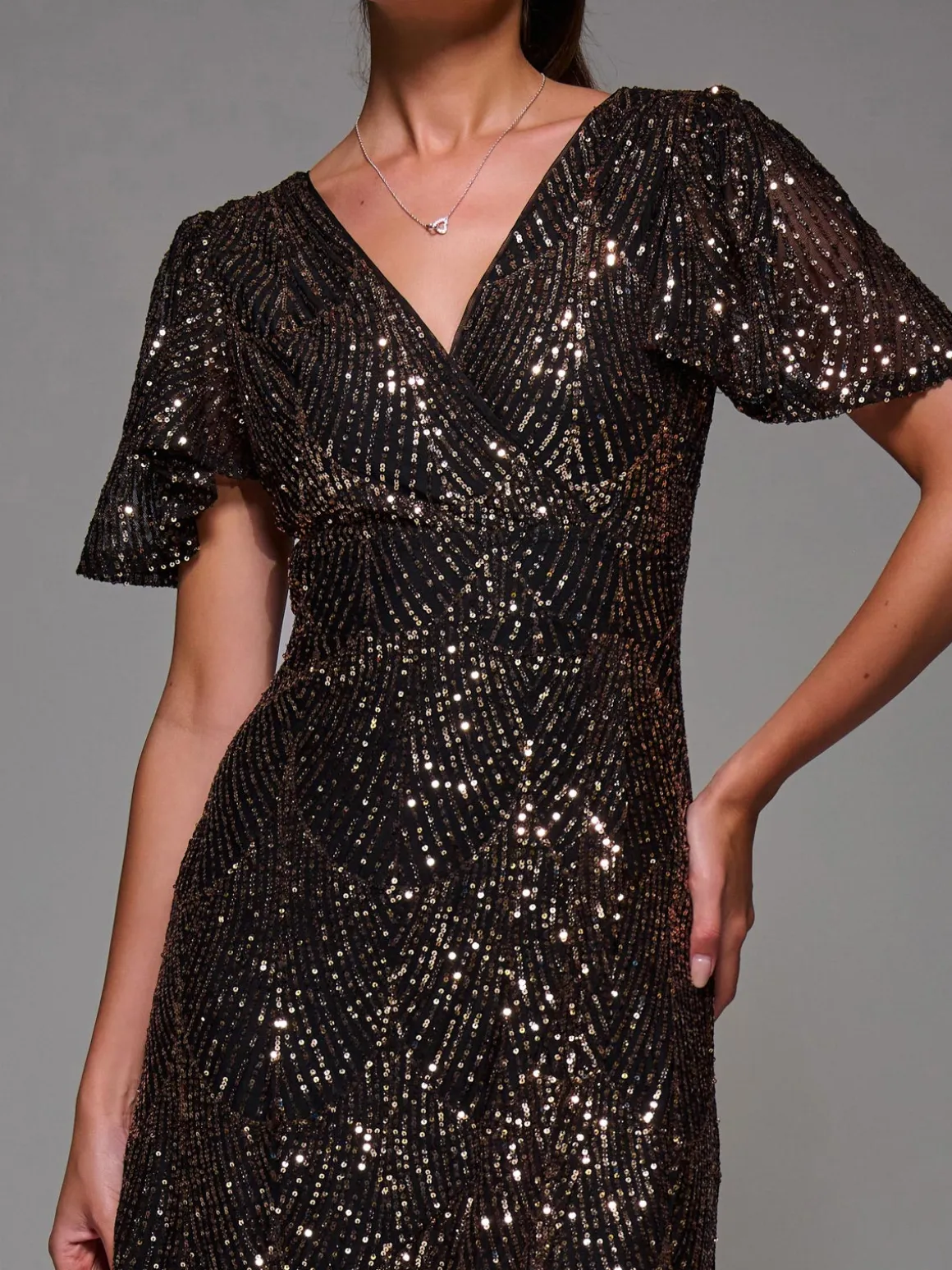 Sequin Angel Sleeve Ruffle Hem Maxi Dress, Black Gold