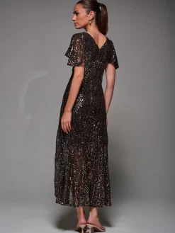 Sequin Angel Sleeve Ruffle Hem Maxi Dress, Black Gold