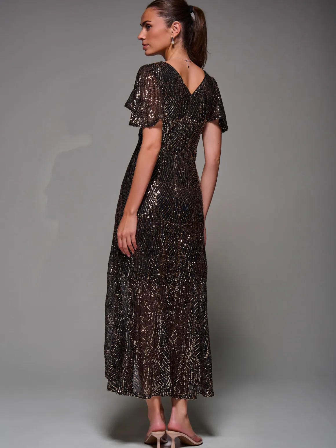 Sequin Angel Sleeve Ruffle Hem Maxi Dress, Black Gold