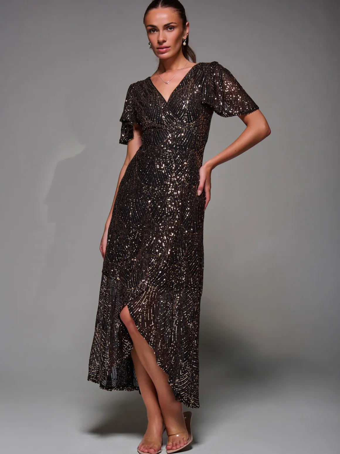 Sequin Angel Sleeve Ruffle Hem Maxi Dress, Black Gold