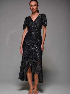 Sequin Angel Sleeve Ruffle Hem Maxi Dress, Black Nickel