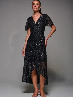 Sequin Angel Sleeve Ruffle Hem Maxi Dress, Black Nickel