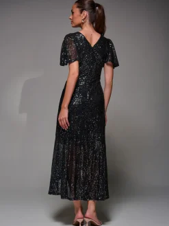 Sequin Angel Sleeve Ruffle Hem Maxi Dress, Black Nickel