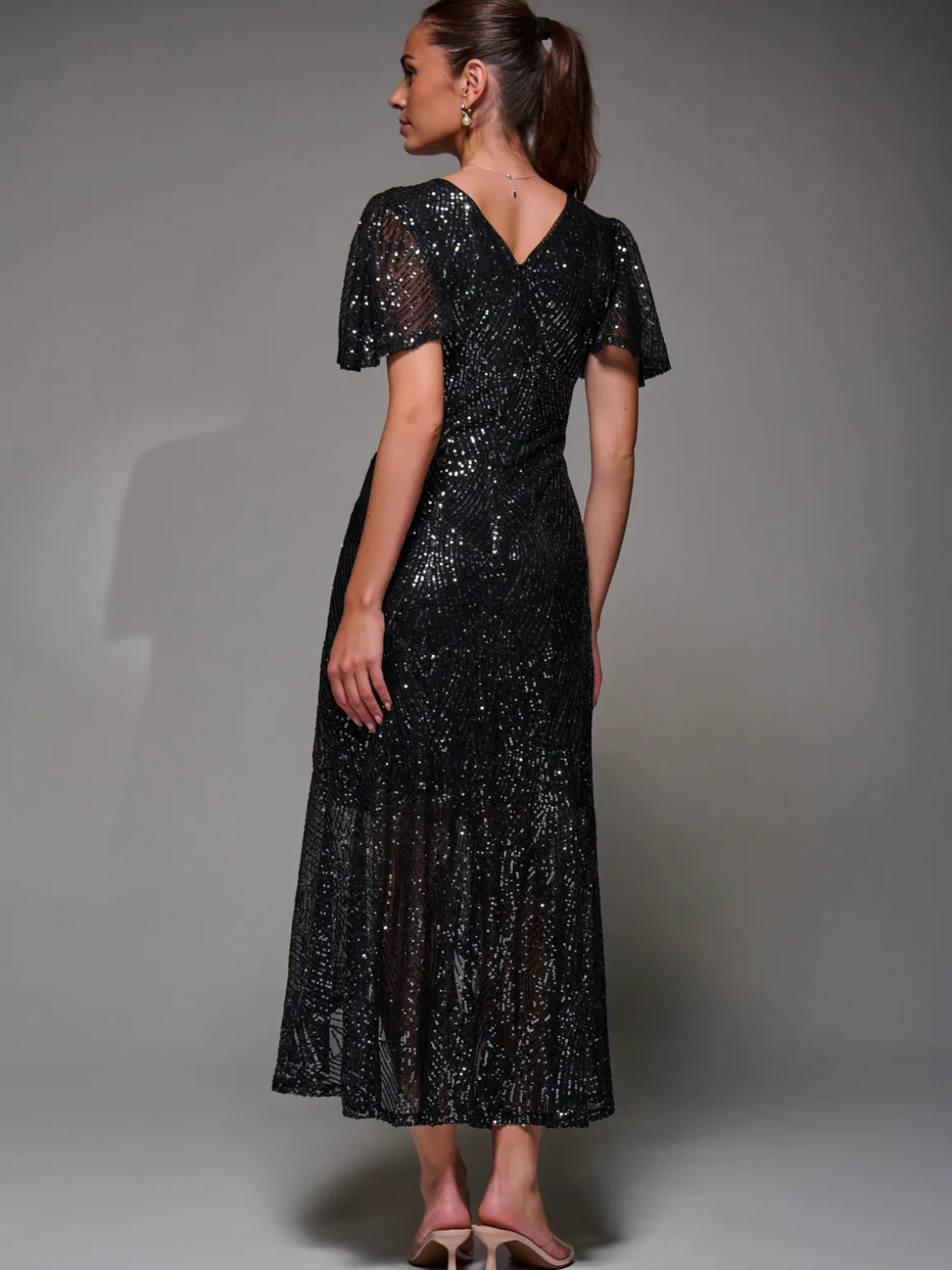 Sequin Angel Sleeve Ruffle Hem Maxi Dress, Black Nickel