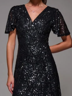 Sequin Angel Sleeve Ruffle Hem Maxi Dress, Black Nickel