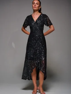 Sequin Angel Sleeve Ruffle Hem Maxi Dress, Black Nickel