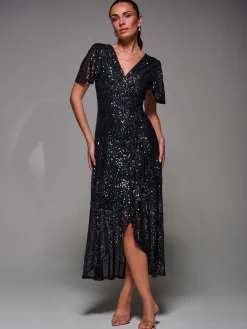 Sequin Angel Sleeve Ruffle Hem Maxi Dress, Black Nickel