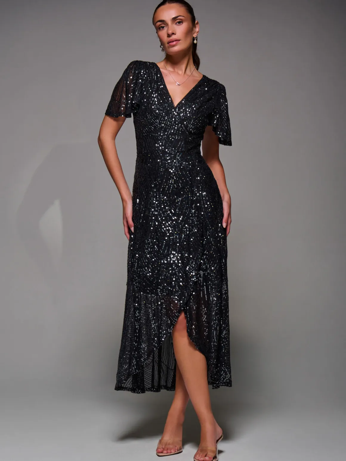 Sequin Angel Sleeve Ruffle Hem Maxi Dress, Black Nickel
