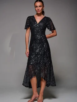 Sequin Angel Sleeve Ruffle Hem Maxi Dress, Black Nickel