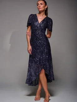 Sequin Angel Sleeve Ruffle Hem Maxi Dress, Black Purple