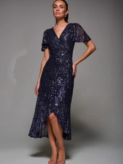 Sequin Angel Sleeve Ruffle Hem Maxi Dress, Black Purple