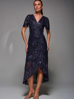 Sequin Angel Sleeve Ruffle Hem Maxi Dress, Black Purple