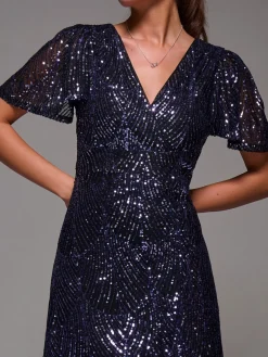 Sequin Angel Sleeve Ruffle Hem Maxi Dress, Black Purple