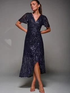 Sequin Angel Sleeve Ruffle Hem Maxi Dress, Black Purple