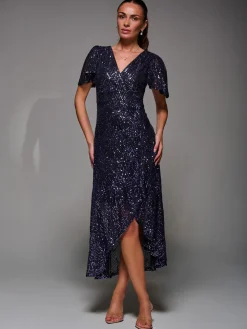 Sequin Angel Sleeve Ruffle Hem Maxi Dress, Black Purple