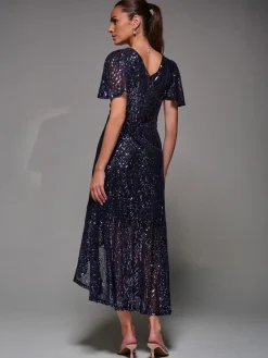 Sequin Angel Sleeve Ruffle Hem Maxi Dress, Black Purple