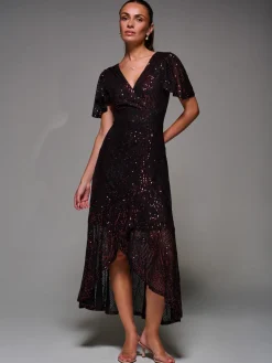 Sequin Angel Sleeve Ruffle Hem Maxi Dress, Black Red