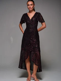 Sequin Angel Sleeve Ruffle Hem Maxi Dress, Black Red