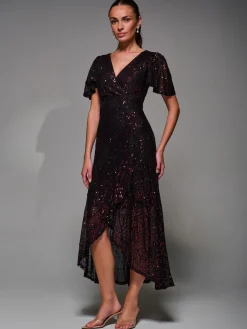Sequin Angel Sleeve Ruffle Hem Maxi Dress, Black Red