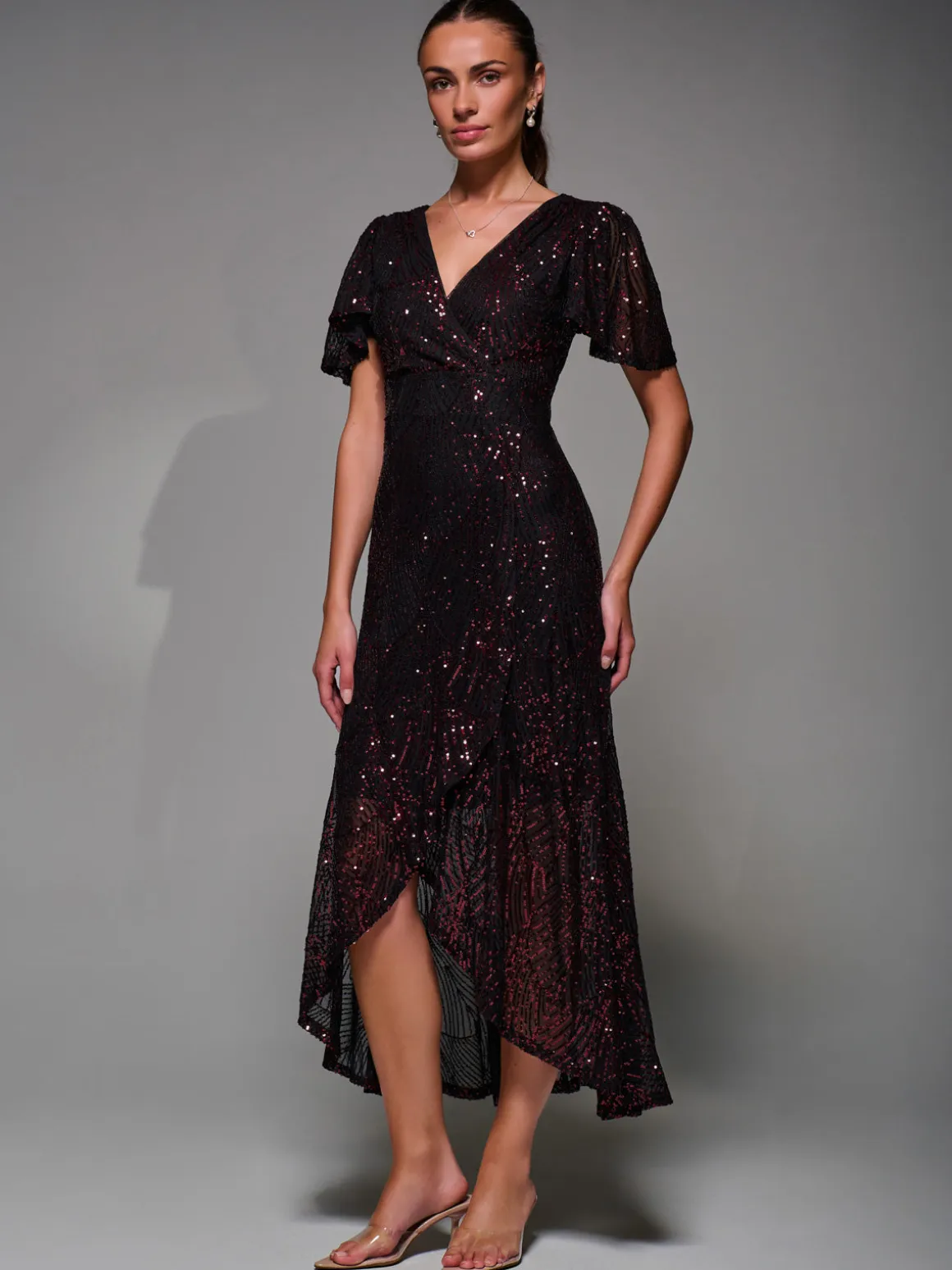 Sequin Angel Sleeve Ruffle Hem Maxi Dress, Black Red
