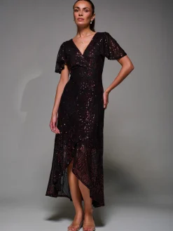 Sequin Angel Sleeve Ruffle Hem Maxi Dress, Black Red