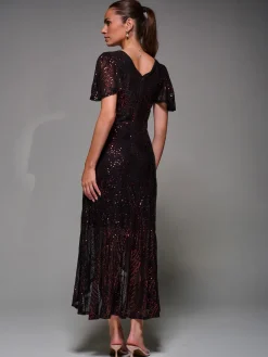 Sequin Angel Sleeve Ruffle Hem Maxi Dress, Black Red
