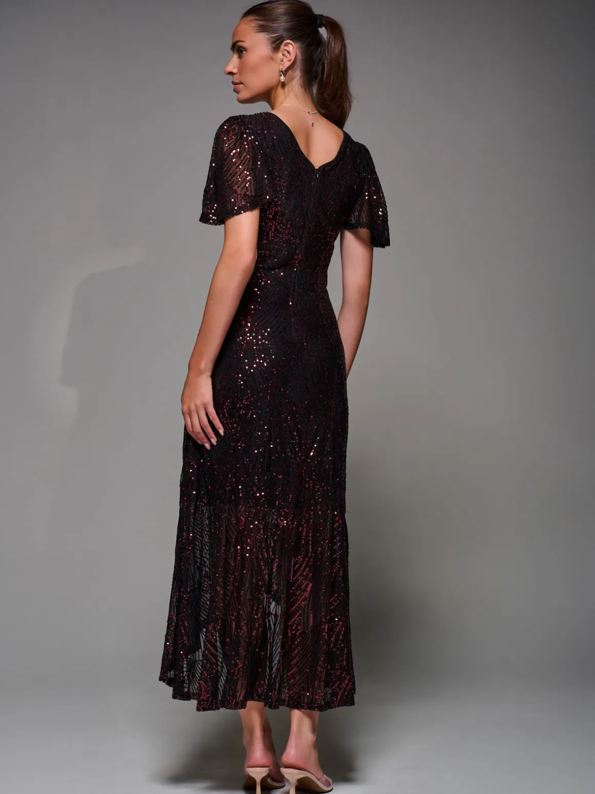 Sequin Angel Sleeve Ruffle Hem Maxi Dress, Black Red