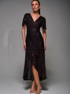Sequin Angel Sleeve Ruffle Hem Maxi Dress, Black Red