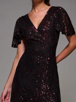 Sequin Angel Sleeve Ruffle Hem Maxi Dress, Black Red
