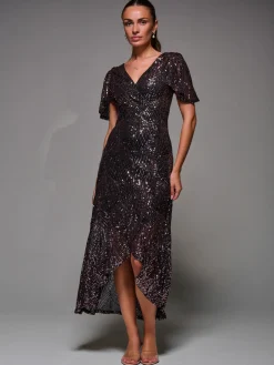 Sequin Angel Sleeve Ruffle Hem Maxi Dress, Black Rose Gold
