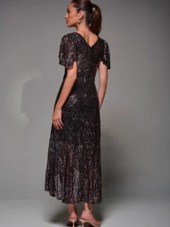 Sequin Angel Sleeve Ruffle Hem Maxi Dress, Black Rose Gold