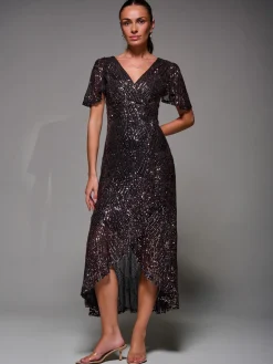 Sequin Angel Sleeve Ruffle Hem Maxi Dress, Black Rose Gold