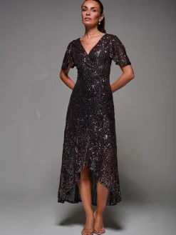 Sequin Angel Sleeve Ruffle Hem Maxi Dress, Black Rose Gold