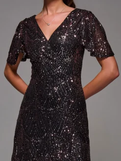 Sequin Angel Sleeve Ruffle Hem Maxi Dress, Black Rose Gold