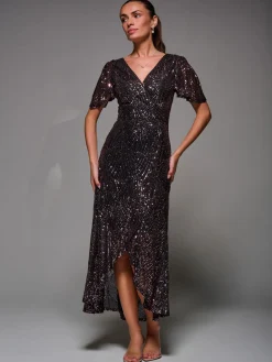 Sequin Angel Sleeve Ruffle Hem Maxi Dress, Black Rose Gold
