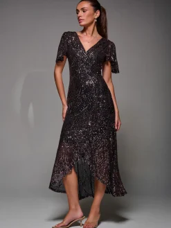 Sequin Angel Sleeve Ruffle Hem Maxi Dress, Black Rose Gold