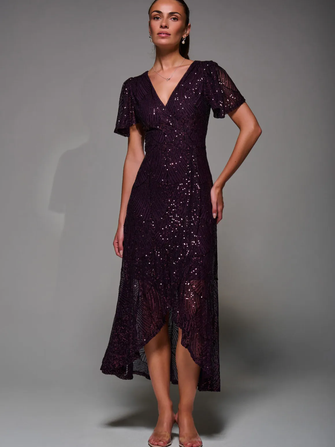 Sequin Angel Sleeve Ruffle Hem Maxi Dress, Dark Burgundy