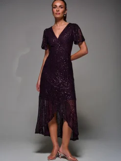Sequin Angel Sleeve Ruffle Hem Maxi Dress, Dark Burgundy