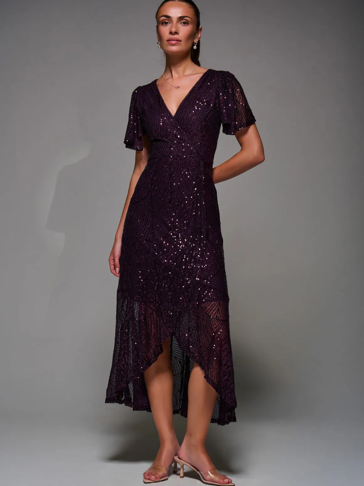 Sequin Angel Sleeve Ruffle Hem Maxi Dress, Dark Burgundy