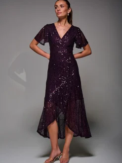 Sequin Angel Sleeve Ruffle Hem Maxi Dress, Dark Burgundy