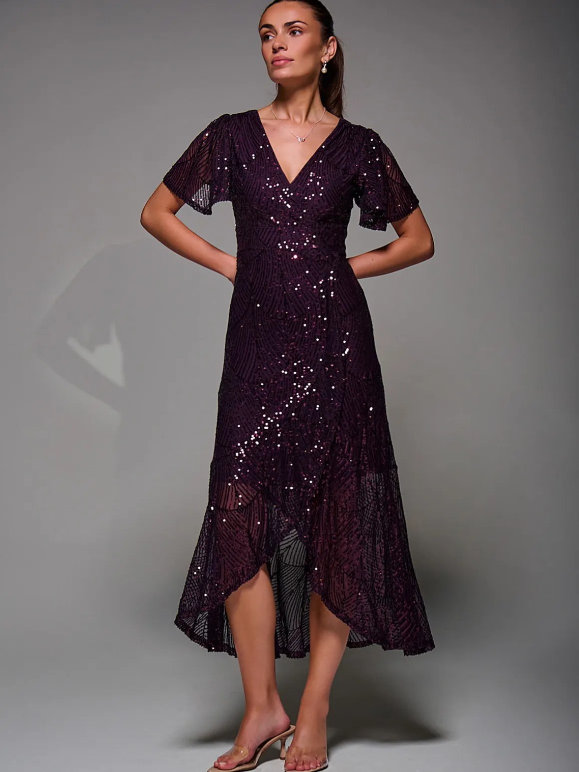 Sequin Angel Sleeve Ruffle Hem Maxi Dress, Dark Burgundy