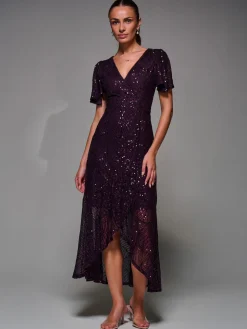 Sequin Angel Sleeve Ruffle Hem Maxi Dress, Dark Burgundy