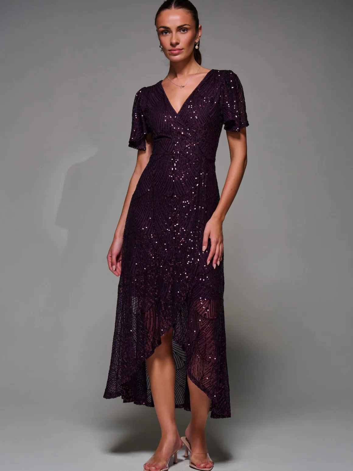 Sequin Angel Sleeve Ruffle Hem Maxi Dress, Dark Burgundy