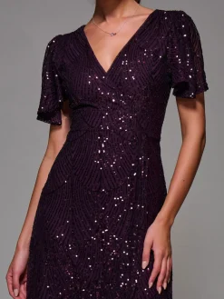 Sequin Angel Sleeve Ruffle Hem Maxi Dress, Dark Burgundy