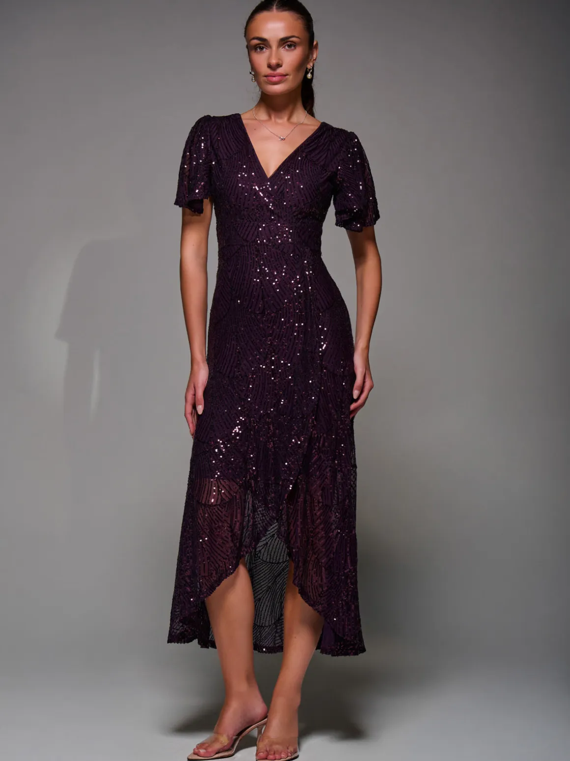 Sequin Angel Sleeve Ruffle Hem Maxi Dress, Dark Burgundy
