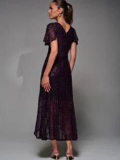 Sequin Angel Sleeve Ruffle Hem Maxi Dress, Dark Burgundy