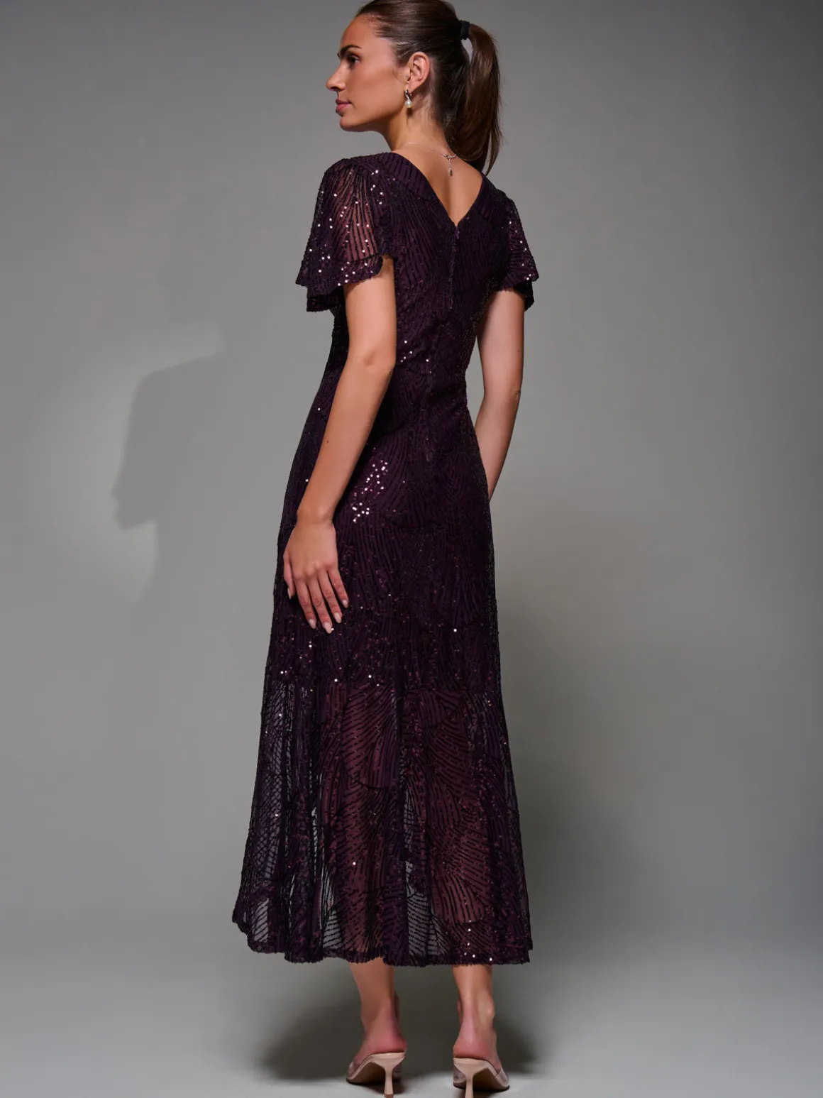 Sequin Angel Sleeve Ruffle Hem Maxi Dress, Dark Burgundy